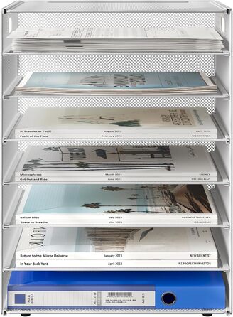 Металевий офісний органайзер EasyPAG A4 з 7 відділеннями, тримач для документів, лоток для файлів, тримач для журналів, лоток для листів, органайзер для паперових журналів, білий, 33,5 x 24 x 43,5 см