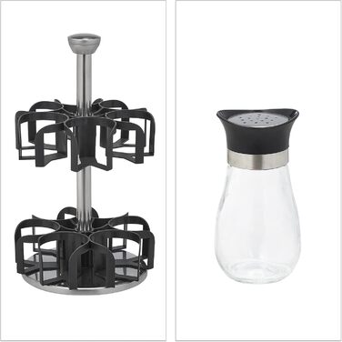 Карусель для спецій Relaxdays, 12 банок для спецій, обертається на 360, нержавіюча сталь, скло, ВxГ 31 x 18 см, підставка для спецій, сріблясто-чорна