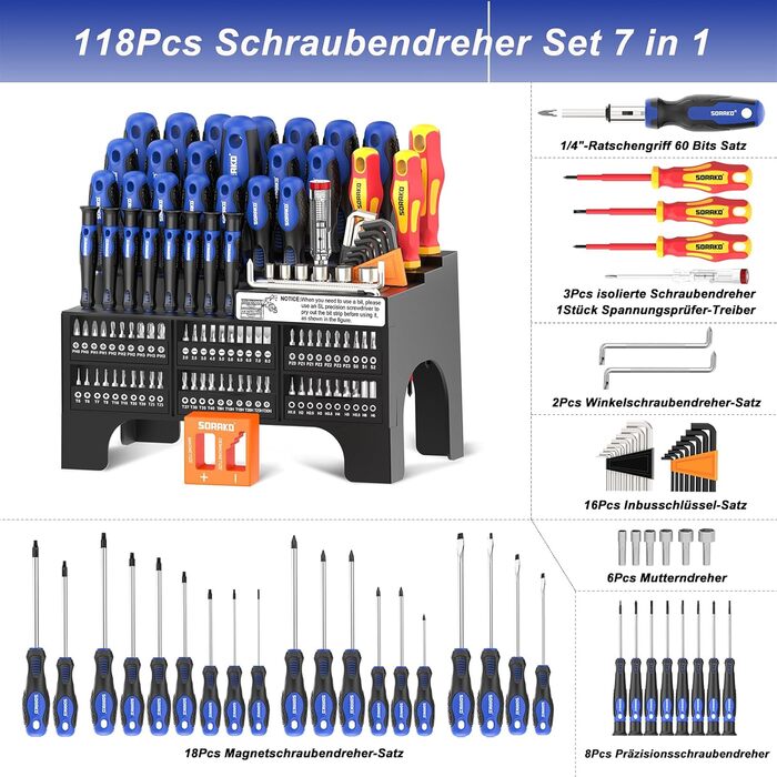 Набір магнітних викруток SORAKO 118 шт. , вкл. викрутки з храповиком, біти, прецизійні викрутки, ізольовані викрутки, тестер напруги, для ремонту вдома та в офісі 118PCS