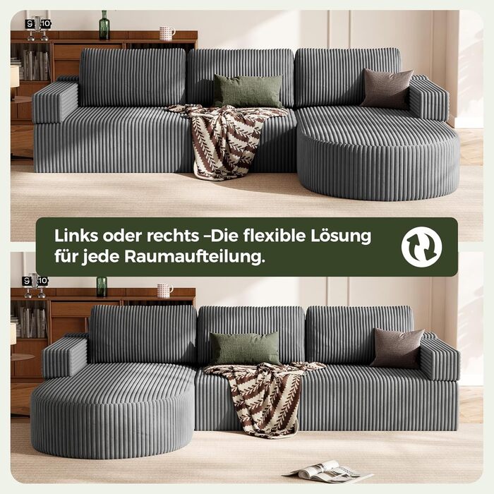 Кутовий диван з функцією сну, вельветовий L-подібний диван-ліжко, диван без кісток, секційний диван-ліжко з сидінням 75 см, модульний диван-ліжко із заокругленим шезлонгом, світло-сірий