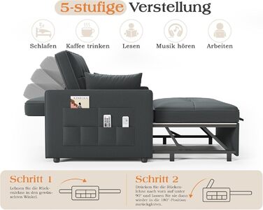 Диван-ліжко 186 x 122 см з 5-позиційним регулюванням спинки, диван-ліжко 3-в-1 з подушками та бічною кишенею, сірий лляний диван для гостьових кімнат та невеликих приміщень