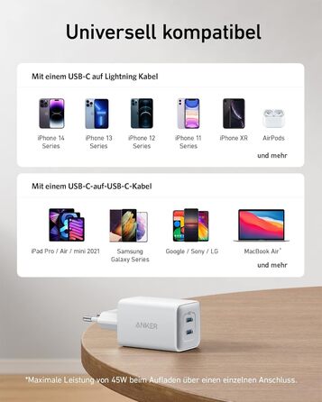 Зарядний пристрій Anker USB C 47 Вт, зарядний пристрій 523 (Nano 3), компактний із швидким зарядним пристроєм GaN на 2 порти для i