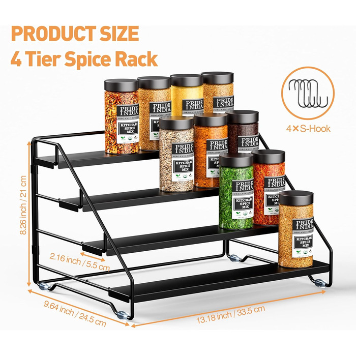 Рівнева підставка для спецій, металева регульована підставка для спецій, не потребує свердління, підставки для спецій для кухні, шафи та стільниці, органайзер для підставок для спецій (чорний), 4-