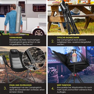 Складане крісло для кемпінгу KESSER, крісло-гойдалка (до 160 кг) Рибальське крісло, складне крісло, з м&39якою підкладкою та високою спинкою У комплекті ліхтарик для кемпінгу та тримач для напоїв Пляжне крісло з функцією гойдання, сірий/чорний