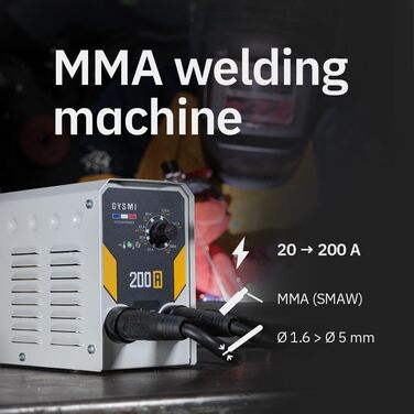 Зварювальний апарат GYS GYSMI 200 A (MMA), 200 А, однофазний, 230 В, Arc Force, Anti-stick, Hot Start, з електродовутримувачем та кабелем заземлення