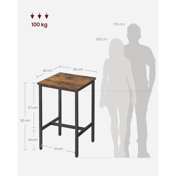 Барний стіл VASAGLE, Стіл для роботи стоячи, Кухонний стіл, Високий, зі сталевим каркасом, 60 x 60 x 92 см, Легке складання, для кухні, вітальні, Індустріальний дизайн, Вінтажний коричнево-чорний LBT25 шт. 60 x 60 x 92 см Вінтажний коричневий чорний