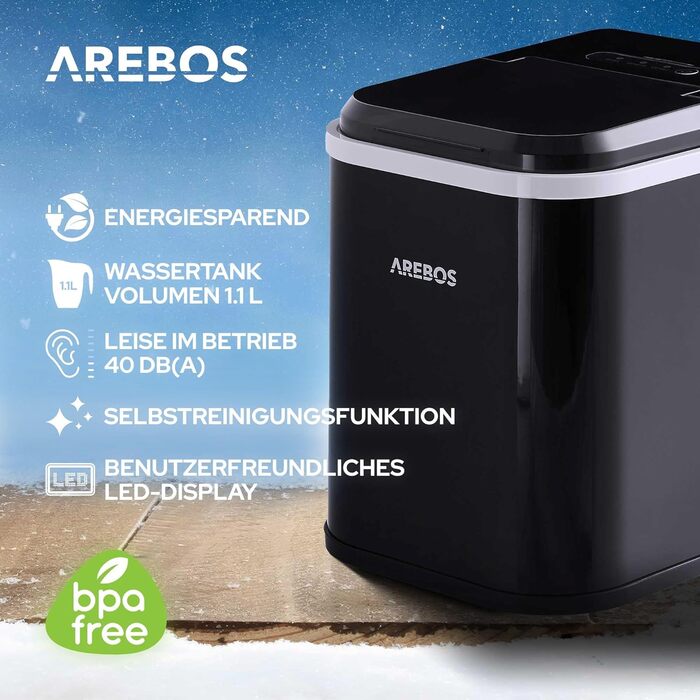 Машина для виробництва кубиків льоду Arebos Льодогенератор 12 кг / 24 год Час виготовлення 10-15 хвилин Резервуар для води 1,1 літра Льодогенератор Тихо Функція самоочищення Чорний