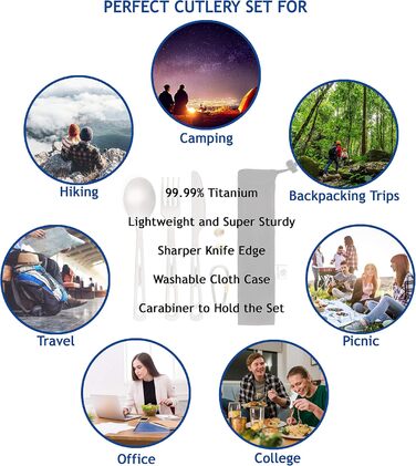 Набір титанових столових приборів, міцний, надлегкий, здоровий та екологічно чистий, набір з 3/4/5 предметів з паличками для їжі, ножем, виделкою, ложкою та соломинкою, для дому/подорожей/кемпінгу, у практичному тканинному чохлі, набір столових приборів з