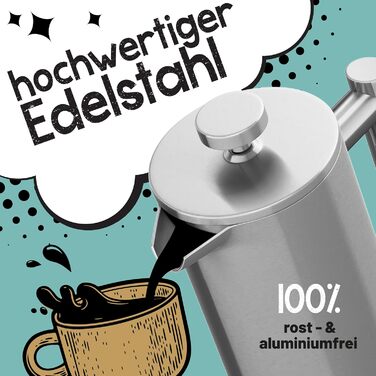 Френч-прес з нержавіючої сталі Morgenheld на 6 чашок 1000 мл Металевий кавовий прес індукційний підходить 1 л термовакуумний глечик кавоварка з подвійною стінкою 1000 мл (5 чашок)