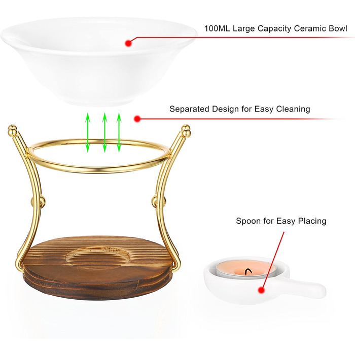 Керамічна аромалампа TOLIDA з підсвічником Залізна ароматерапевтична пальник з дерев'яною основою Аромадифузор з ефірним маслом Ароматичний дифузор для пахощів Пальник для плавлення воску Золото для спальні Вітальня Йога