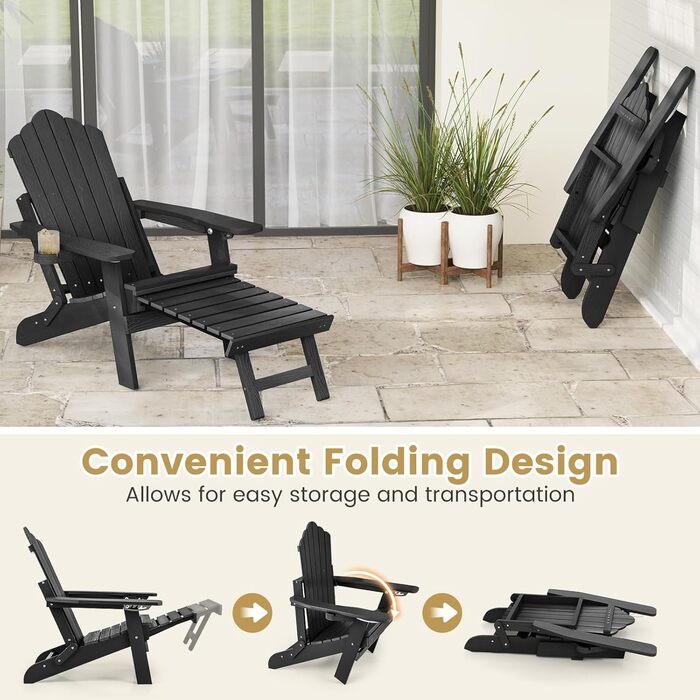 Складане крісло GIANTEX Adirondack з підставкою для ніг, всепогодне крісло для вогнища з регульованою спинкою та тримачем для напоїв, шезлонг на вулиці, вантажопідйомність до 180 кг
