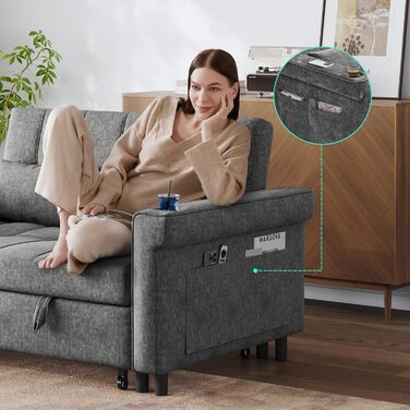 Розкладний диван LINSY HOME 3-в-1, 2-місний диван з функцією сну, розкладний диван-ліжко з шенілу з подушками, бічною кишенею та підставкою для чашок - спальне місце 120 x 190 см сірого кольору 120 x 190 см