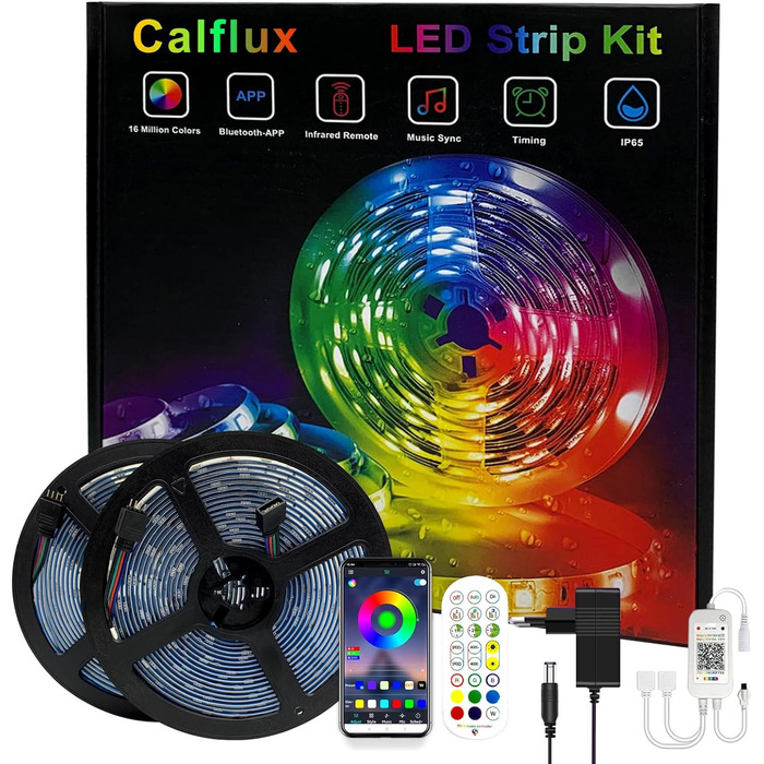 Світлодіодна стрічка calflux 10 м, 300 світлодіодів RGB світлодіодна стрічка водонепроникна IP65,12 В зі зміною кольору з додатком Керування Bluetooth, синхронізація з музикою, додаток для освітлення будинку, Кюче, Спальня, Водонепроникний, Вечірка