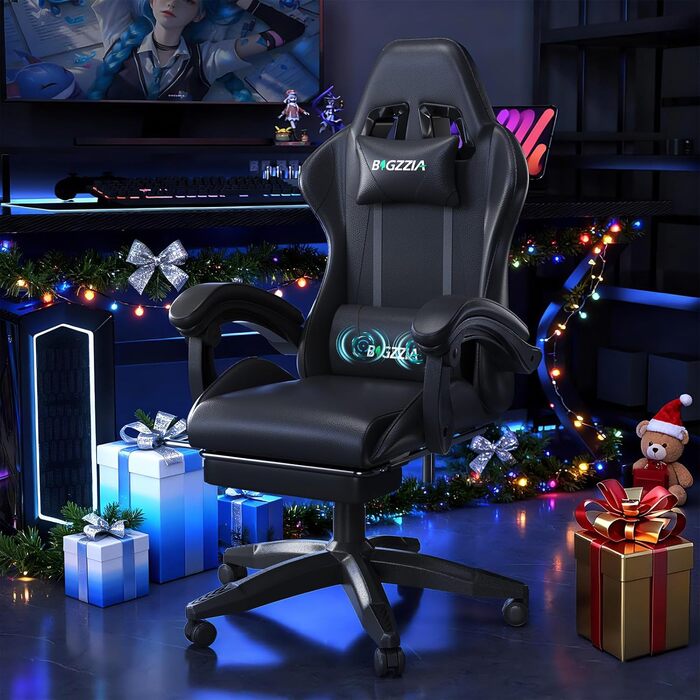 Ігрове крісло bigzzia з функцією масажу та підставкою для ніг, ергономічне ігрове крісло, регульована спинка 90-135, ігрове крісло з масажною поперековою подушкою та підголівником, ігрове крісло, чорне