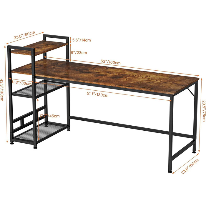 Письмовий стіл HOMIDEC, комп'ютерний стіл з книжковою полицею, навчальний комп'ютерний стіл для ноутбука з 4-х ярусними полицями д