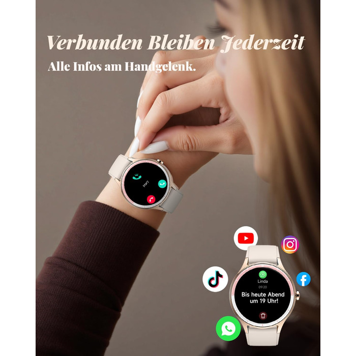 Жіночий смарт-годинник TOOBUR, круглий, 40 мм, крокомір та фітнес-годинник для щоденного використання, понад 100 спортивних режимів, елегантний жіночий смарт-годинник, сумісний з Android/iOS, функція телефону з дзвінками, водонепроникний IP68, бежевий