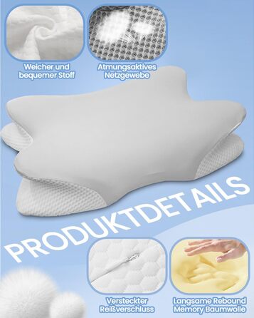 Велика подушка для шиї, подушка для голови, подушка для підтримки шиї, подушка з піни з ефектом пам&39яті, ергономічна ортопедична подушка з наволочкою, подушка для сну на боці, спині та животі - 60 x 34 см x 9/13 см, сірий