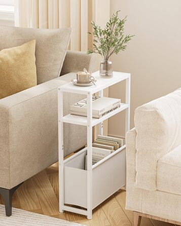 Журнальний столик з місцем для зберігання речей, 3-ярусний вузький журнальний столик з сумкою, вузька тумбочка, маленький журнальний столик для невеликих приміщень, спальня, вітальня, офіс (білий)