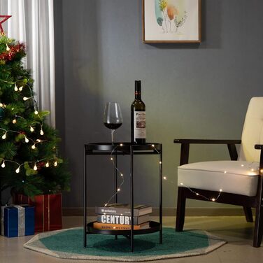 Круглий бічний столик HollyHOME, чорний металевий, маленький журнальний столик, 2 яруси, балконний столик, тумбочка, бічний столик для вітальні, спальні, тераси, вулиці