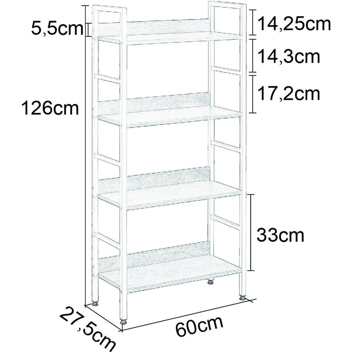 Окремостояча полиця WOLTU з 4 полицями, книжкова шафа, кухонна полиця, полиця для ванної кімнати з дерева та металу, полиці для комори, 60 x 27,5 x 126 см, білий світлий дуб, RGB9304hei, 4 рівні (60 x 27,5 x 126 см), білий світлий дуб