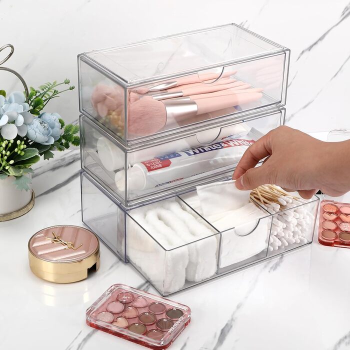 Секційний органайзер для косметики з висувними шухлядами, міні-органайзер для ванної кімнати з висувними шухлядами. Штабельований прозорий акриловий органайзер для макіяжу, для туалетного столика, ванної кімнати, спальні, письмового столу, 3-