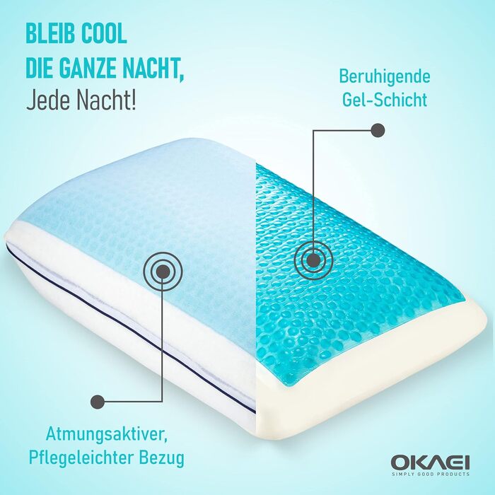 Подушка Okaei з піни з ефектом пам&39яті Ергономічна подушка від болю в шиї Подушка Visco з охолоджувальним гелем Ідеально підходить для сну на боці та спині 60x40x15 см GelCell Наповнювач 100 поліуретан, Зовнішній чохол 100 поліестер, Внутрішній чохол 73