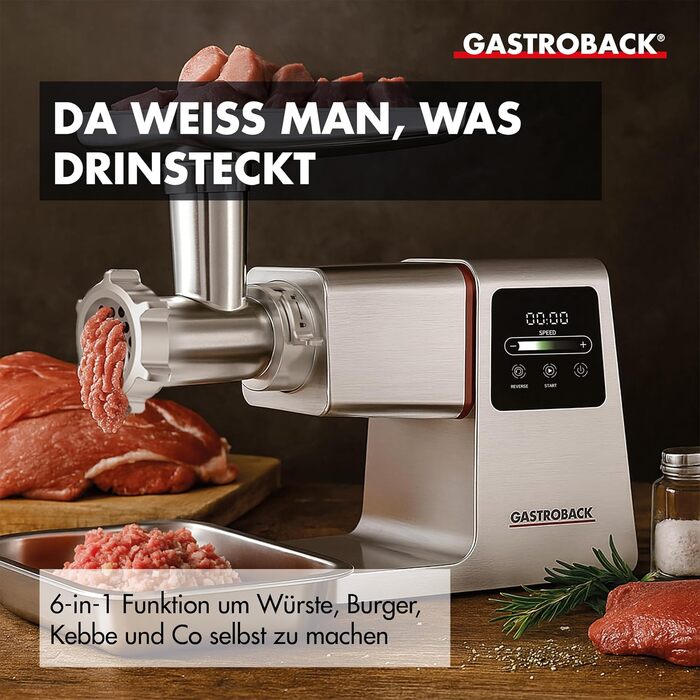 Електрична м'ясорубка GASTROBACK 6-в-1 з насадками для ковбас та печива, 2500 Вт, нержавіюча сталь, сенсорний екран, з пресом для бургерів