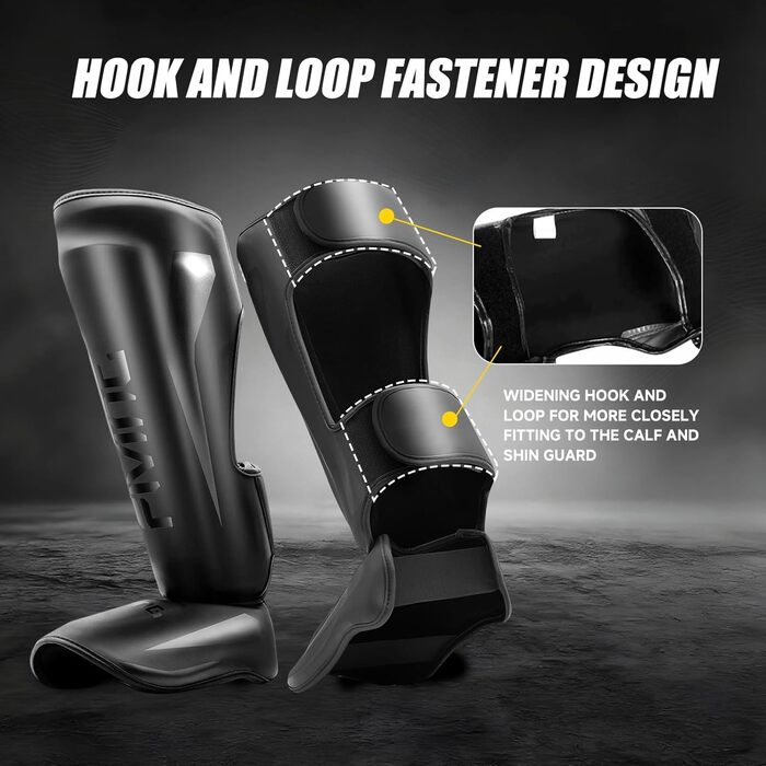 Щитки для гомілок FIVING MMA для бойових мистецтв мякі, регульовані щитки для тайського боксу із захистом підйому стопи, підходять для тренувань та спарингів з тхеквондо/змішаних бойових мистецтв, розмір M, чорні