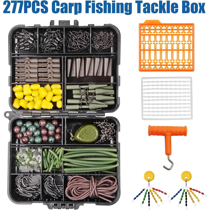 Набір снастей для лову коропа OROOTL, 277 предметів, коробка для риболовлі на коропа з аксесуарами, гачки для лову коропа, вертлюги, запобіжні затискачі, рукави проти заплутування
