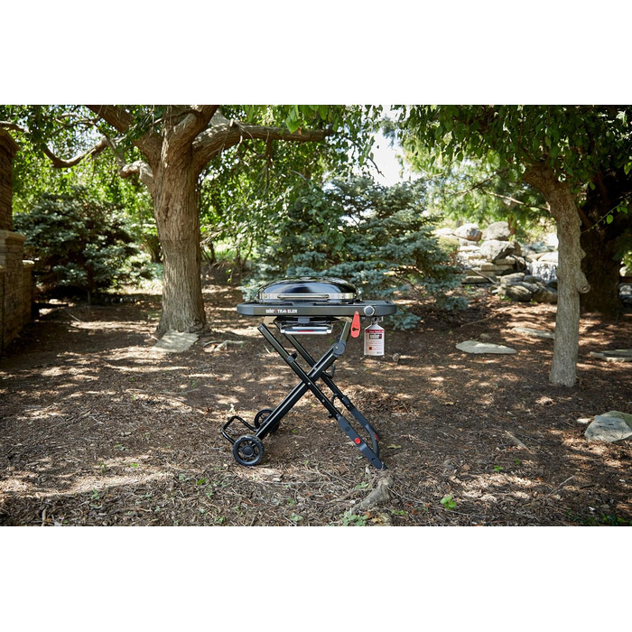Компактний газовий гриль Weber Traveler з розкладним підставкою та колесами, модель 2026 року