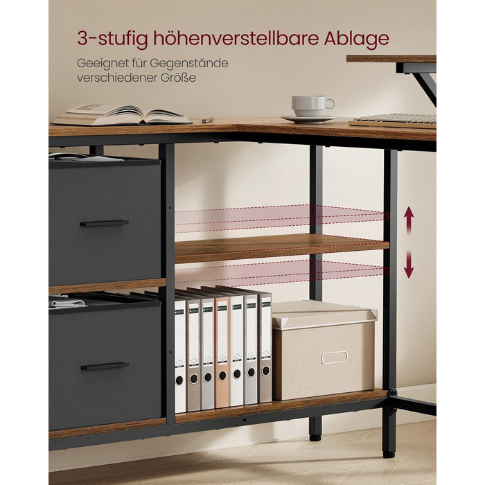 Г-подібний письмовий стіл, 2 місткі шухляди, комп&39ютерний стіл з підставкою для монітора, кутовий стіл, ігровий стіл з регульованою полицею 135 x 105 см, вінтажний коричневий LWD098B01