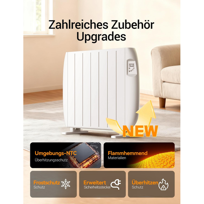 Конвекторний обігрівач 1500 Вт, електричний обігрівач з РК-дисплеєм, захистом від замерзання та блокуванням від дітей, настінний та підлоговий монтаж, білий електричний радіатор для вітальні та спальні