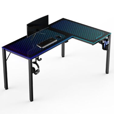 Ергономічний скляний ігровий стіл EUREKA зі світлодіодним підсвічуванням, кутовий ігровий стіл з RGB-підсвіткою 152x102 см, L-подібний великий комп&39ютерний стіл із синхронізацією музики, керуванням застосунками, гачком для навушників та підставкою для ч