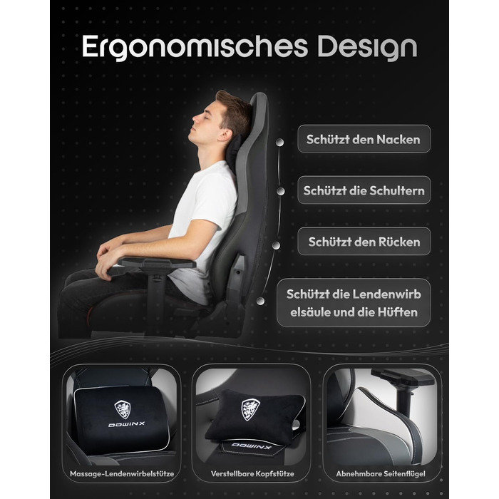 Ігрове крісло Dowinx з 4D підлокітниками та функцією гойдання 15, регульоване масажне ігрове крісло на 165, ергономічне ігрове крісло, гоночний дизайн для геймерів та кіберспорту, вантажопідйомність 135 кг, сірий колір