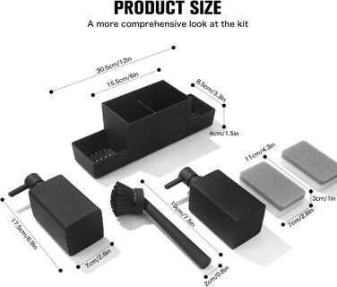Дозатор рідини для миття посуду та мила кухонний набір з щіткою-тримачем губки, дозатор рідини для миття посуду кухонний чорний, дозатор мила та рідини для миття посуду набір кухонний гаджет органайзер для раковини з дозатором мила (чорний, 4 в 1) 4 в 1 ч