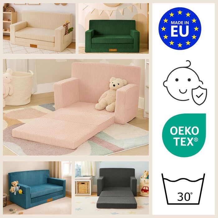 Дитячий диван 3-в-1, вельветовий ігровий диван, розкладний диван та розкладний диван, можливістю персоналізації, виробництво ЄС, (сірий)