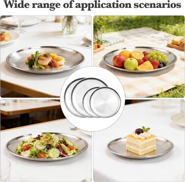 Набір з 4 сталевих тарілок, Ø20/30 см, круглий посуд з нержавіючої сталі, для барбекю, овальна страва, тарілка для мяса, тарілка для рису, сріблясті сталеві тарілки для кемпінгу, пікніка, кухні, BBQ, вечірок
