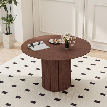 Сучасний круглий обідній стіл у стилі вабі-сабі, темно-коричневий з дерев&39яною текстурою та циліндричною основою, 120 x 120 x 76 см