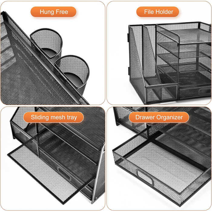 Настільний органайзер Marbrasse з тримачами для файлів, 5-ярусний лоток для паперу та листів з шухлядою та 2 тримачами для ручок, сітчастий органайзер для зберігання офісного приладдя (чорний)