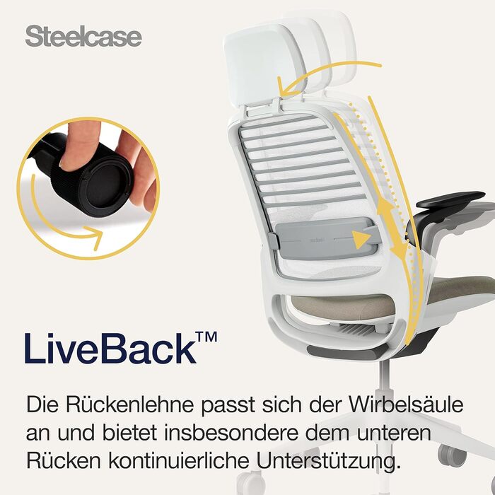 Ергономічне офісне крісло Steelcase серії 1 з поперековою опорою LiveBack, підлокітниками 4D, регульованим підголівником Truffle, 66 x 64 x 112 Truffle з підголівником
