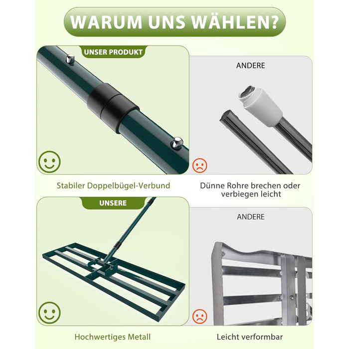 Гребінь для газону Rasen Rakel 76x25 см з ручкою 198 см, вирівнювач газону, широкий гребінь для піску, садовий аератор/гребінь для подвір'я, газону та гольф-поля (198 см, 76x25 см)