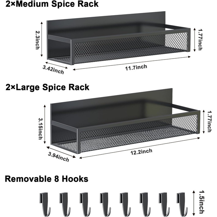 Магнітна полиця для спецій для холодильника, магнітна полиця на 4 шт., магнітний органайзер для холодильника з 8 рухомими гачками, магнітна полиця для холодильника для організації та зберігання на кухні (4 шт.)