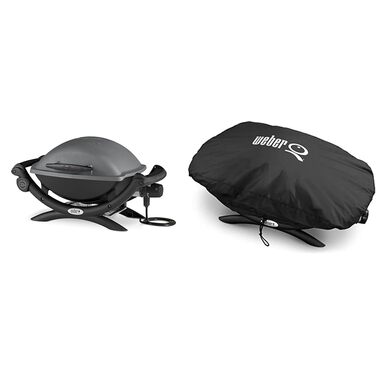 Електрогриль Weber Q1400, 43 x 32 см, темно-сірий (52020079) та преміум-чохол для гриля серії Q100/1000, чорний, 27.9x25.4x23.6 см (7117) комплект