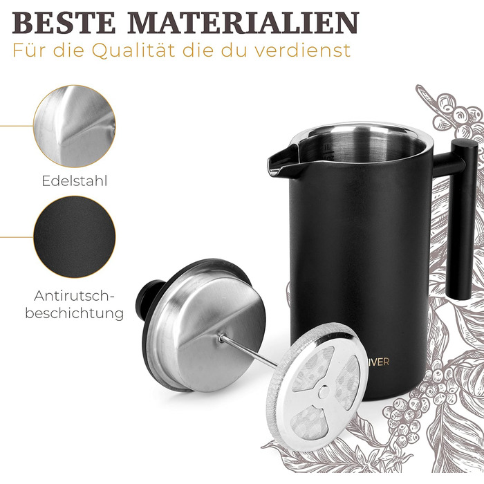 Голдвівер Френч-прес преміум класу 1 л Прес для кави з нержавіючої сталі S-304 Нержавіюча сталь Термоглечик з подвійними стінками 0,8 мм Чай/кава ізольована Ручна кавоварка матовий чорний