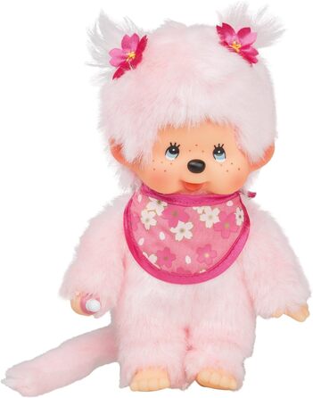 Оригінальна лялька Monchhichi Вишня в цвіту, плюшева фігурка з нагрудником та косичками з квітами, м'яка іграшка рожевого кольору, приблизно 20 см, 767020 -