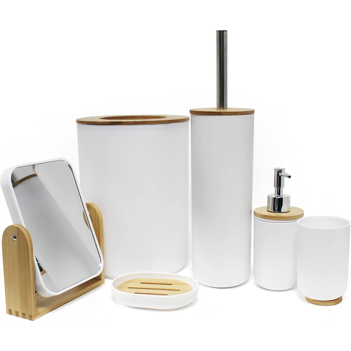 Дозатор для мила (діаметр 7,2 x 17,5 см) Розумний, білий, полістирол, бамбукова обробка Дозатор для мила білий