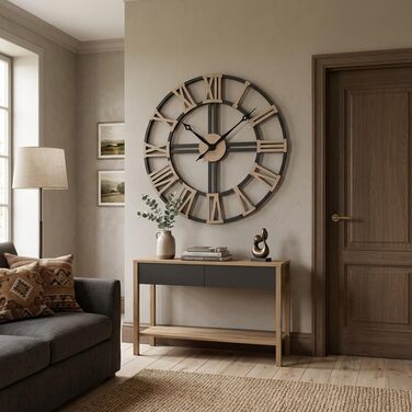 Великий настінний годинник FLEXISTYLE EKO LOFT Grande (80 см, товщина 19 мм) безтихий механізм, колір чорний (антрацит) та дуб, виробництво ЄС