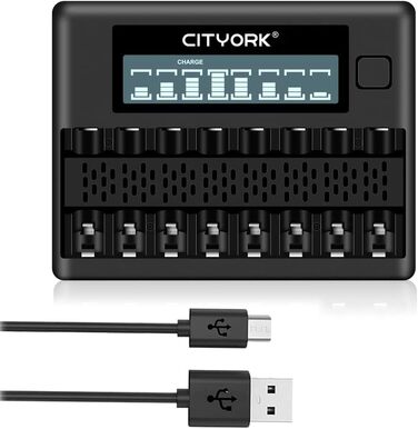 Зарядний пристрій CITYORK для акумуляторних батарей AA AAA, 8-слотовий зарядний пристрій з РК-дисплеєм, швидкою зарядкою через USB та незалежним слотом для акумуляторів AA/AAA Ni-MH Ni-CD