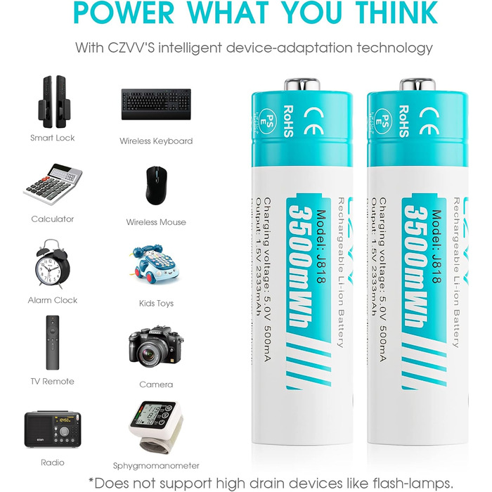 Акумуляторні літієві батарейки типу АА 1,5 В - Висока ємність 3500 мВтгод - 1300 циклів зарядки - 8 батарейок із зарядним пристроєм, швидка зарядка за 2 години, постійна потужність, низький саморозряд, 8 шт. зарядний пристрій, білі
