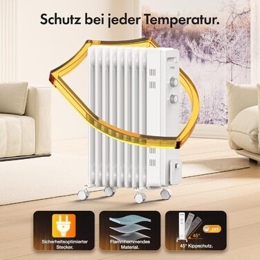 Масляний радіатор VonHaus, електричний обігрівач для домашнього офісу, електричний обігрівач для швидкого обігріву будь-якої кімнати, з термостатом, масляний обігрівач 2,5 кВт для максимального тепла (білий, 9 ребер) білий 9 ребер